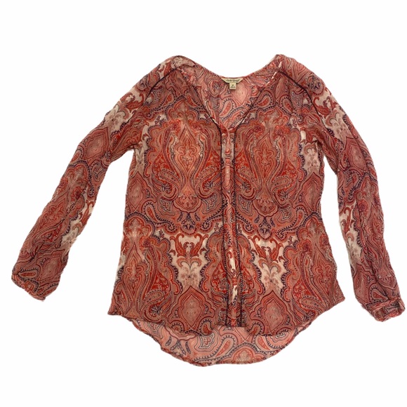 Lucky Brand red pink paisley printed sheer peasant blouse - Picture 2 of 8